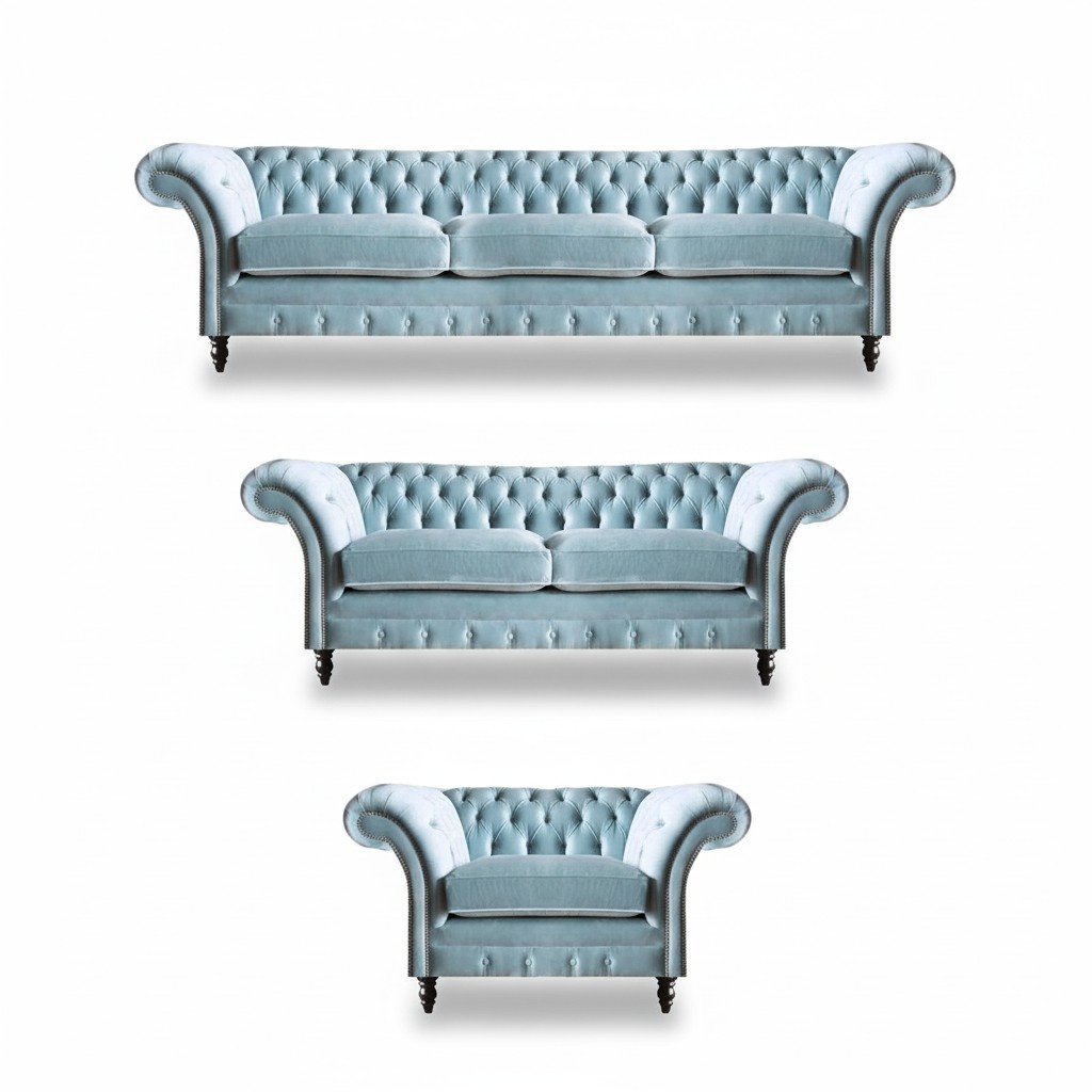 Luxurious Blue Chesterfield Upholstered Set Three-Seater Armchair 3pcs