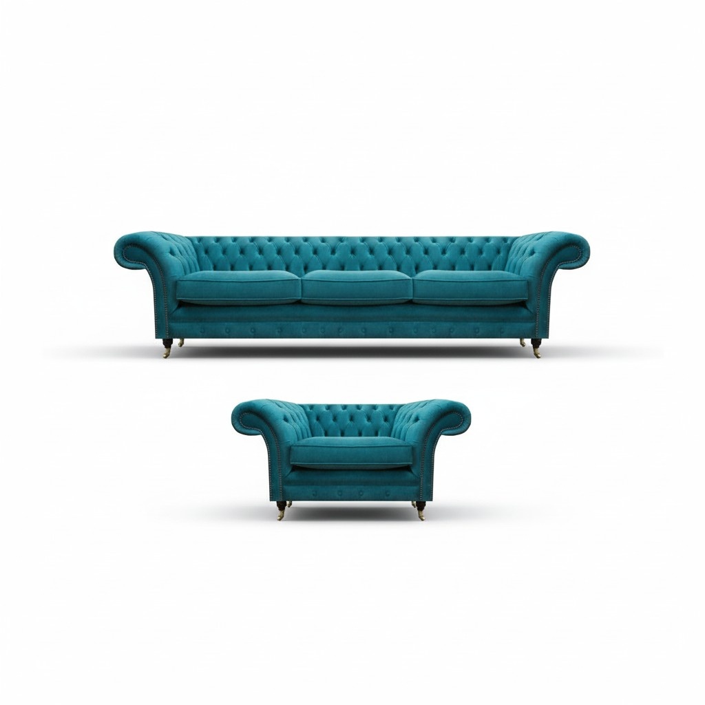 Luxurious blue sofa set 3+1 seat Chesterfield living room upholstered furniture