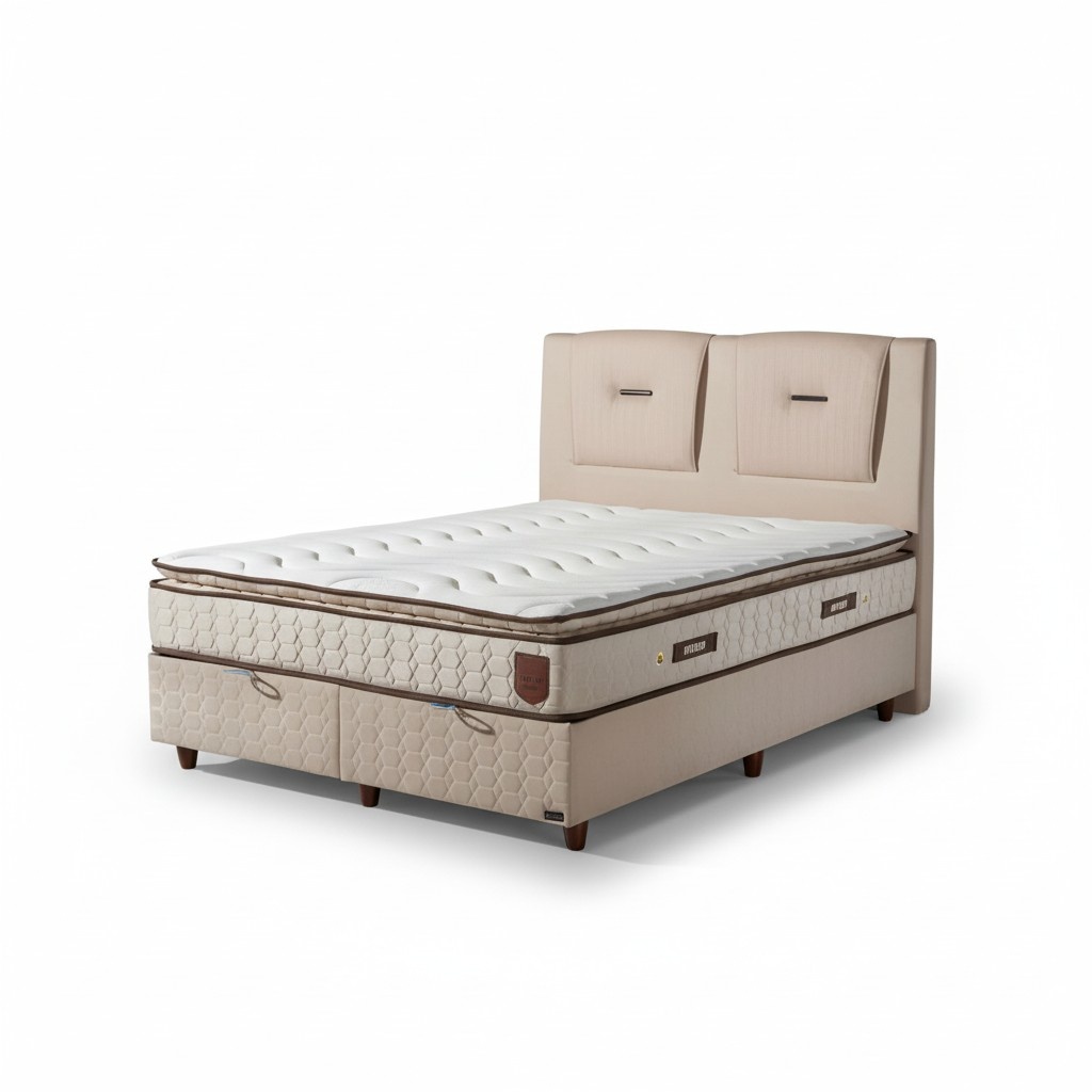 Luxurious box spring bed with modern headboard Elegant design for comfort