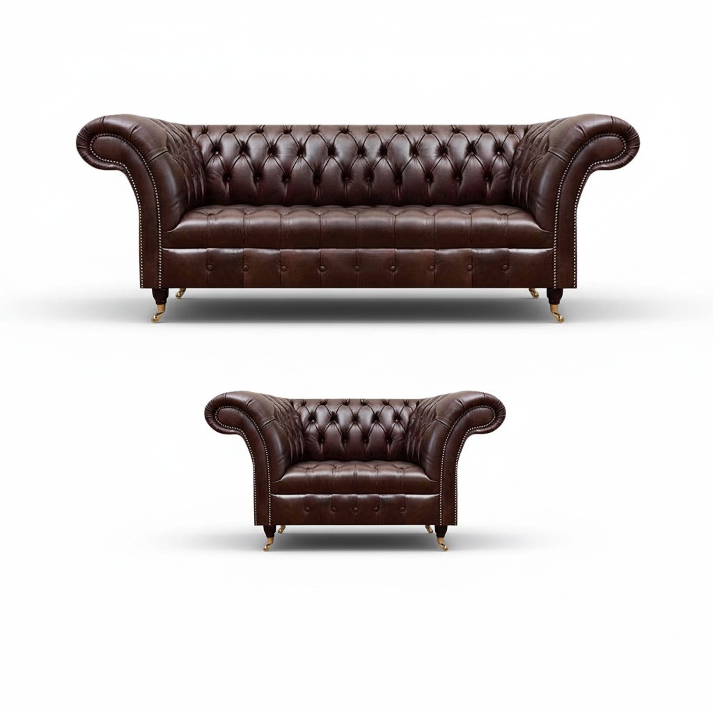 Luxurious Brown Chesterfield Leather Set Designer 3-Seater Armchair 2-Piece