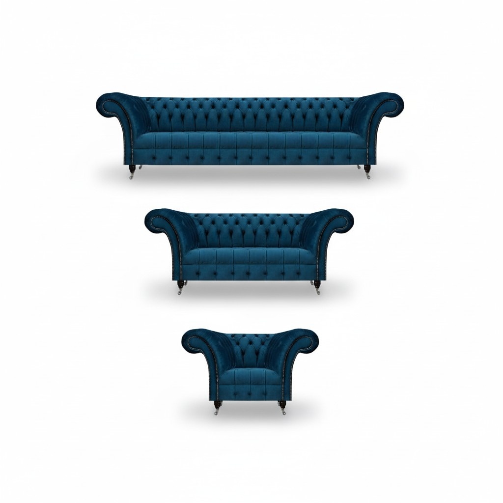 Luxurious Chesterfield Blue Upholstery Suite Designer Fabric Sofas Armchairs