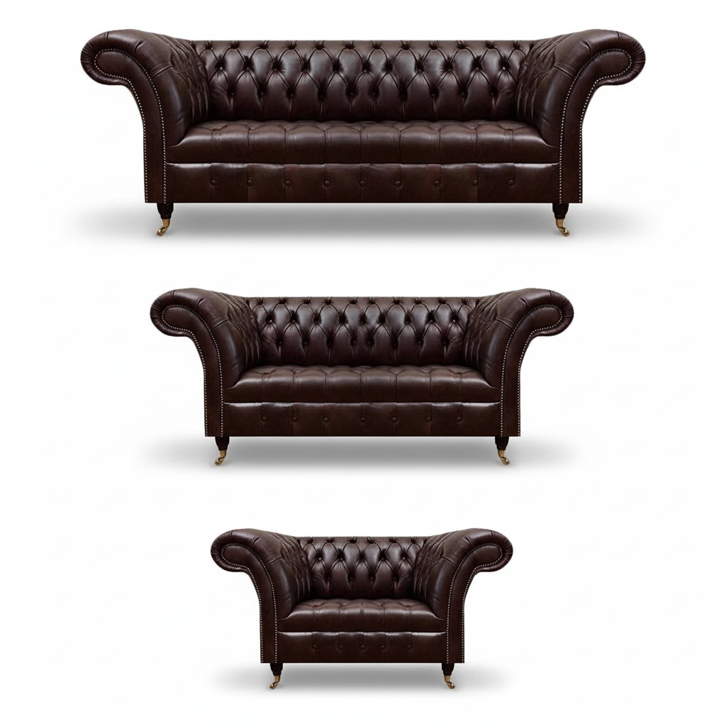 Luxury Chesterfield Brown Leather Sofa Set Living Room Upholstered Furniture