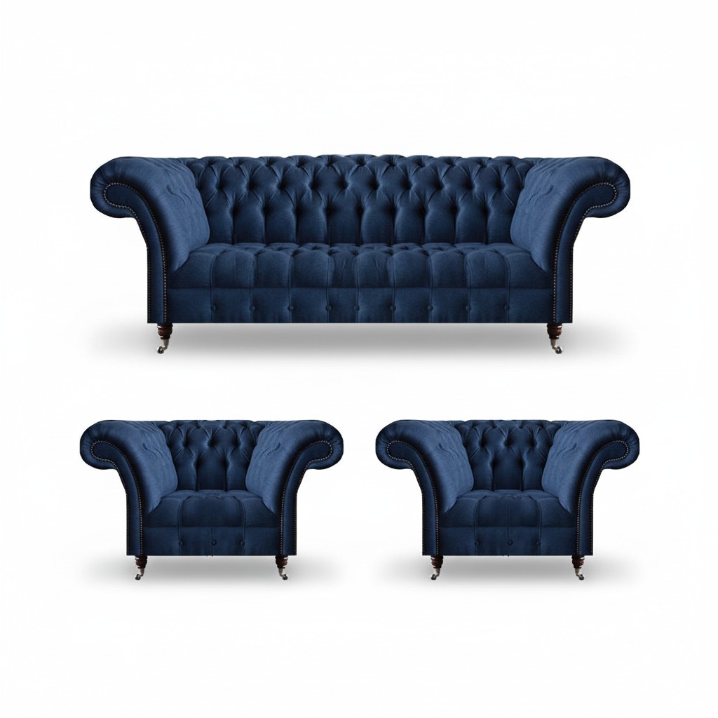 Luxurious Chesterfield set Modern three-seater 2x upholstered armchairs
