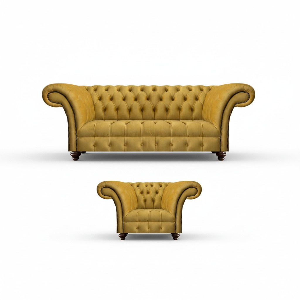 Luxurious Chesterfield Yellow Couch Textile Armchair Modern 3-Seater 2-piece