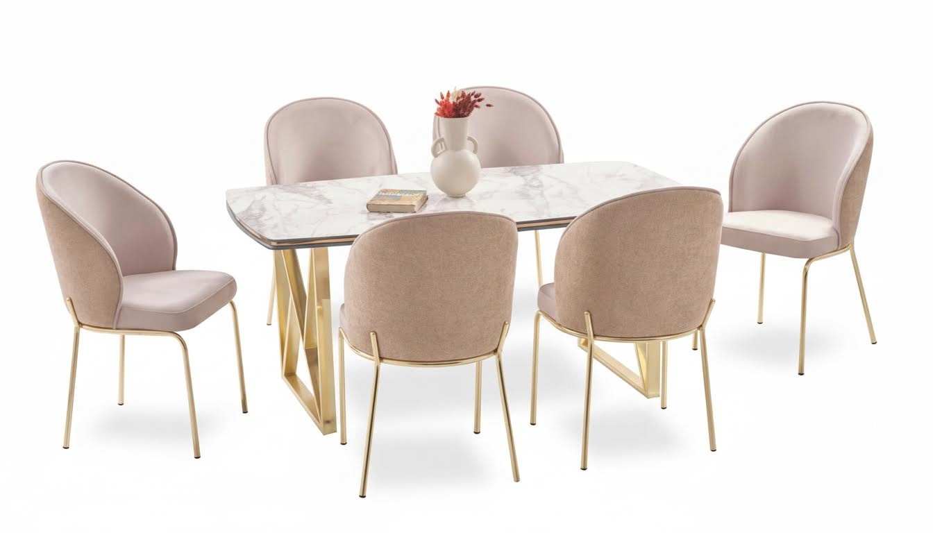 Luxurious dining room set with comfortable table and gray padded chairs, 7 pieces.