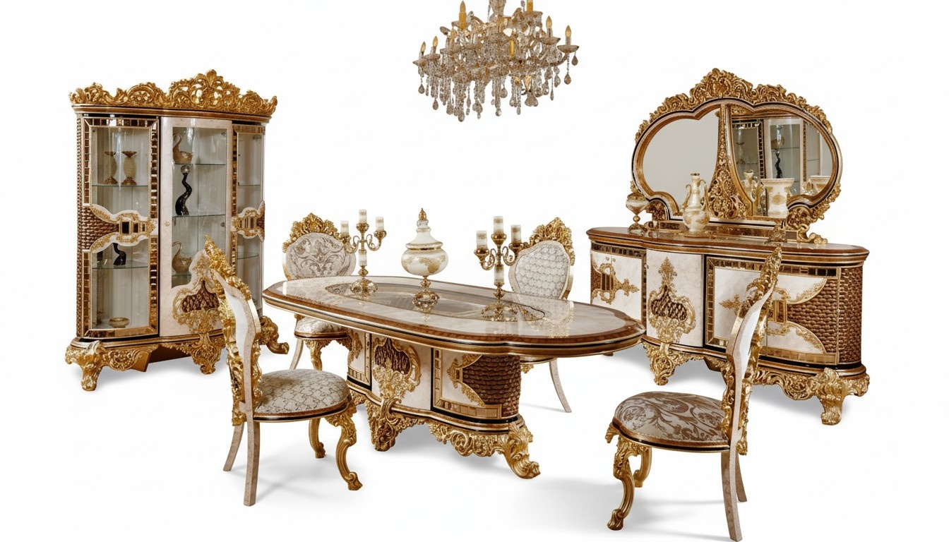 Luxury dining room set white-gold dining table 4x chairs sideboard 6-piece furniture