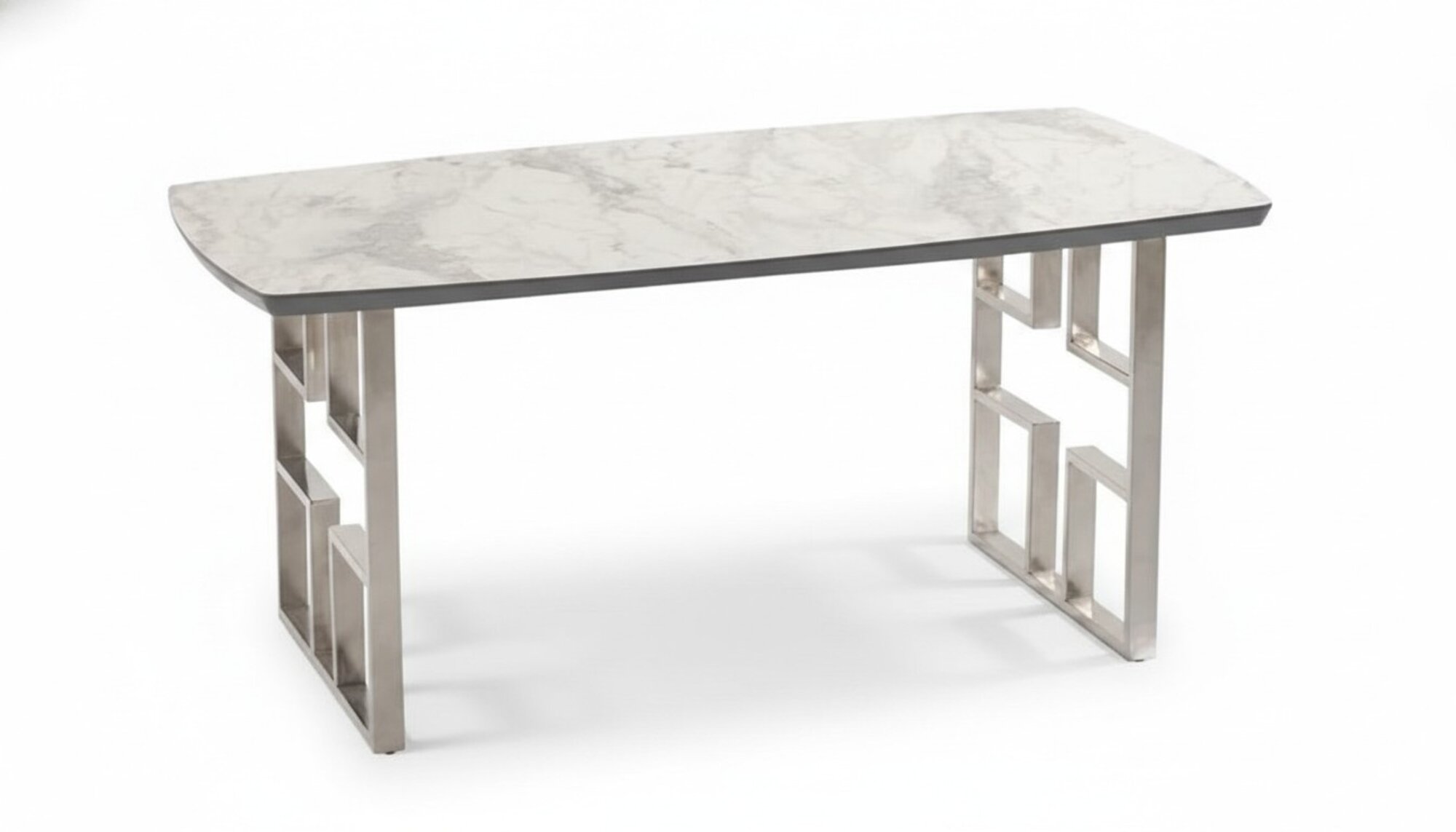 Luxurious dining table with gray stainless steel legs and a rectangular wooden tabletop.