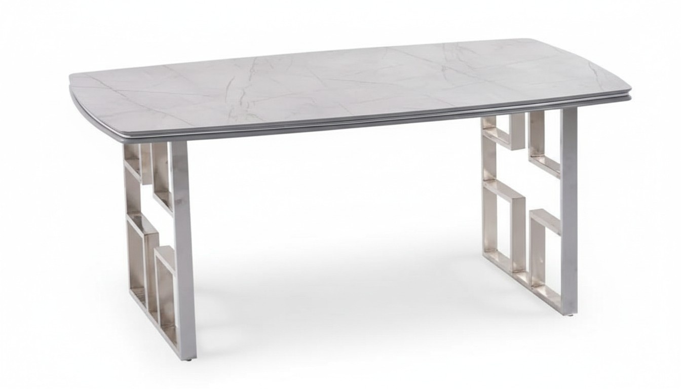 Luxurious dining table rectangular wooden tabletop gray stainless steel legs silver