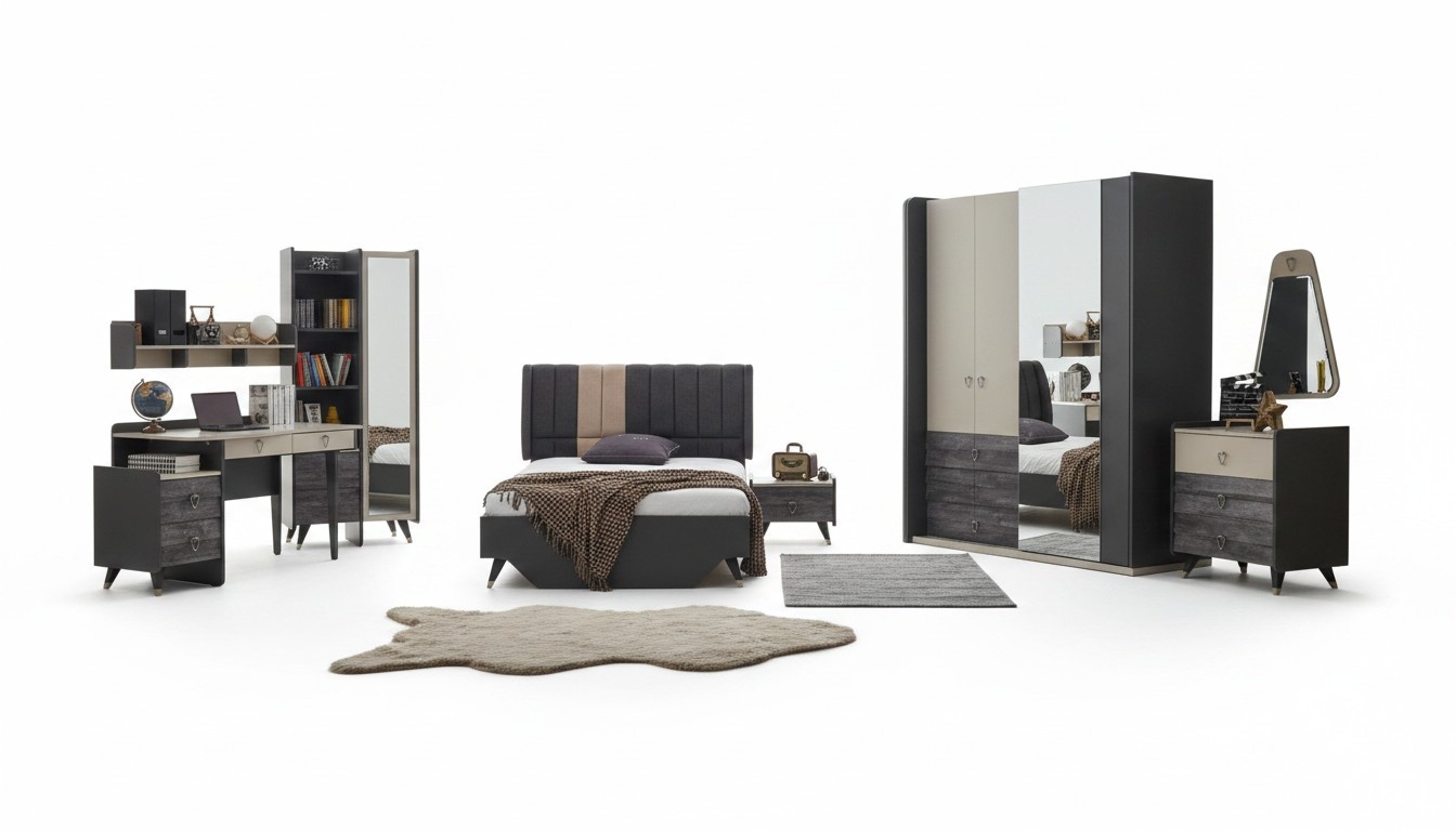 Luxurious grey bedroom set youth room children\'s room 7-piece bed