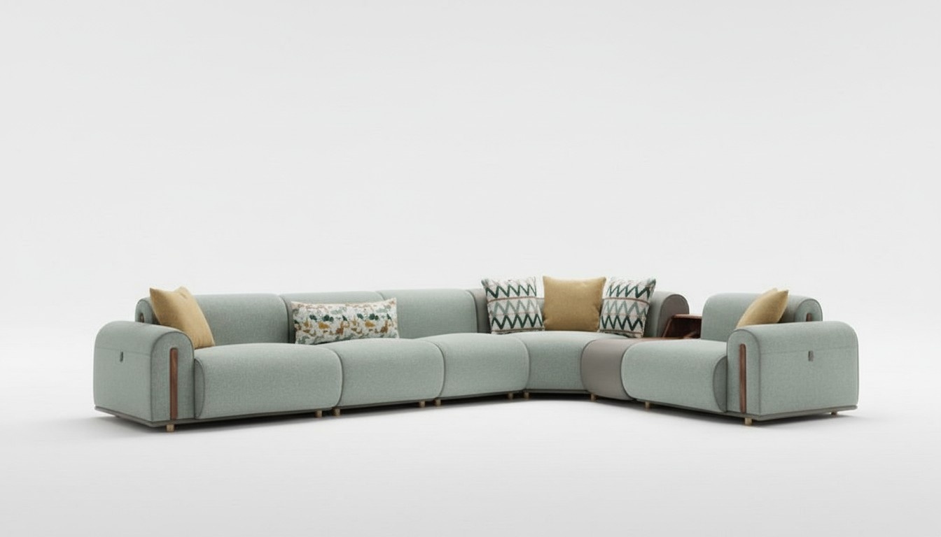 Luxurious green corner sofa living room leather couches designer seating furniture