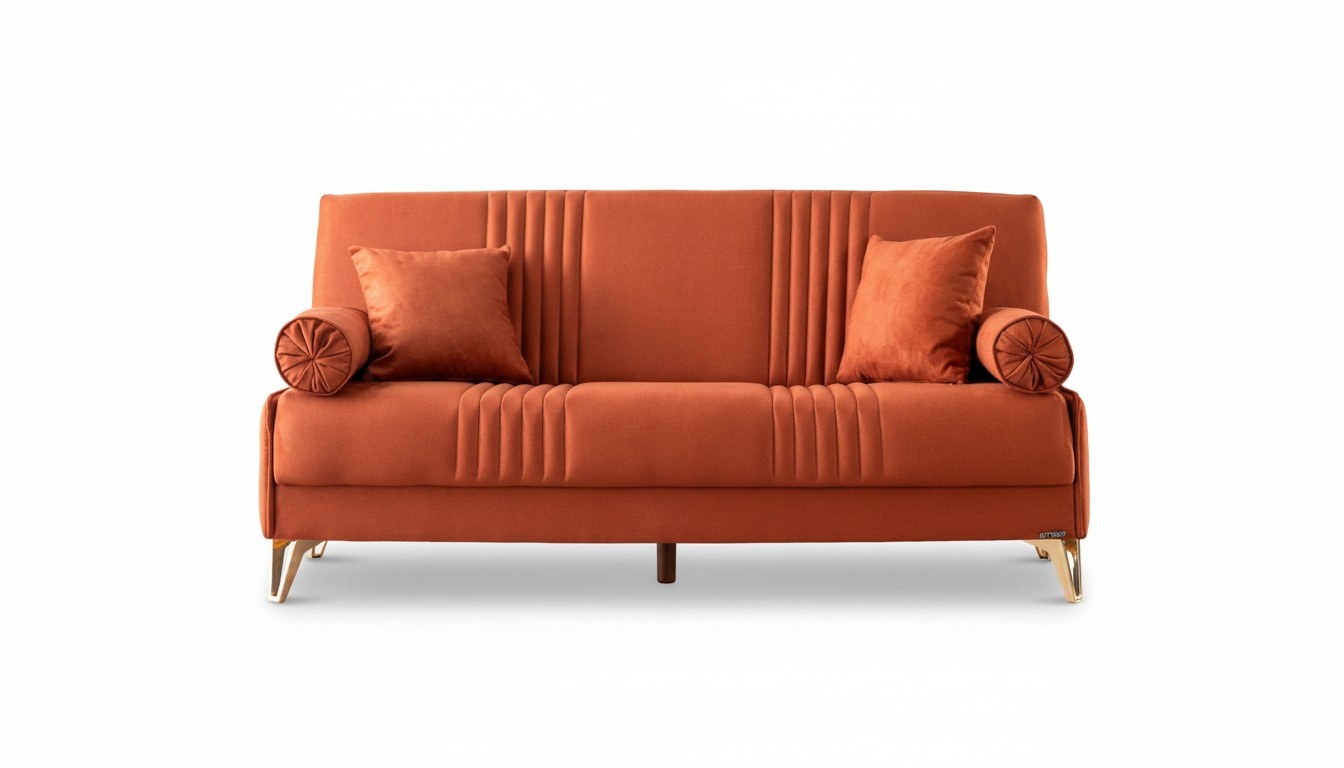 Luxurious three-seater sofa with high-quality fabric cover in beige and orange.