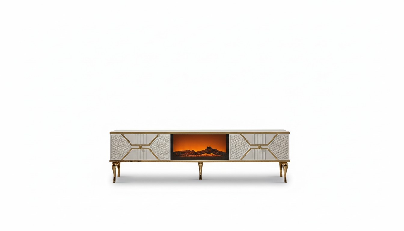 Luxurious TV sideboard white gold-coloured frame made of MDF metal white