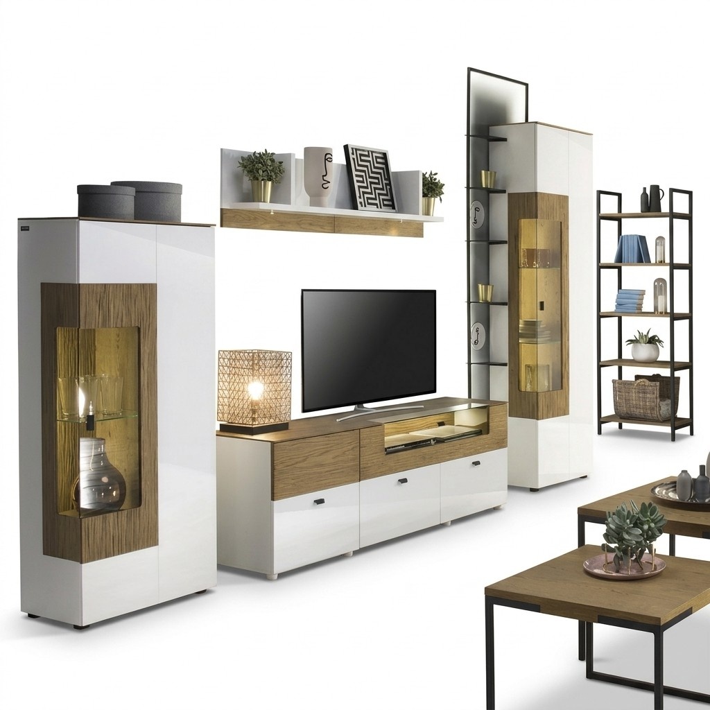 Luxury living room wall TV lowboard 2x showcase complete living room set 5 pieces