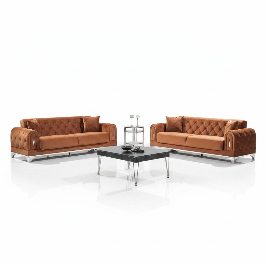 Luxury 2x Sofa Three-Seater Couch Chesterfield Living Room Brown Upholstered Furniture