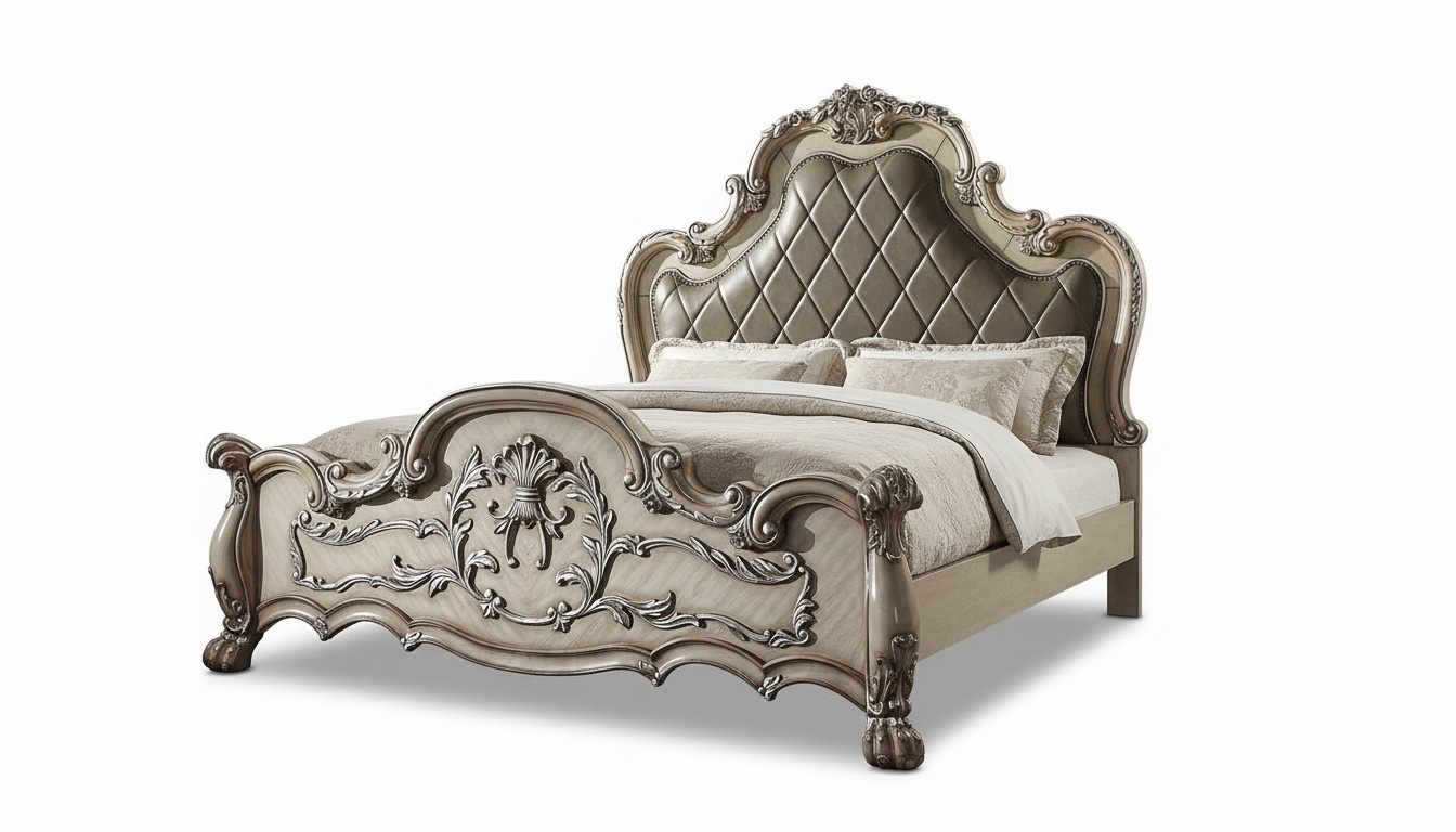 Luxury baroque silver double bed design wood 200x200cm upholstery bedroom new