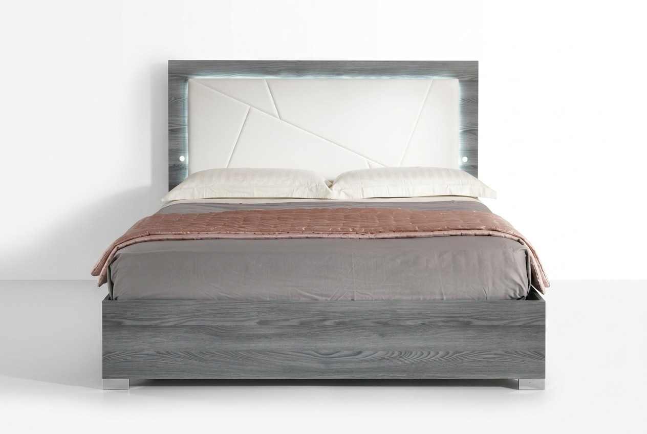 Luxury design massive leather double bed in modern style with LED light made of real wooden frame