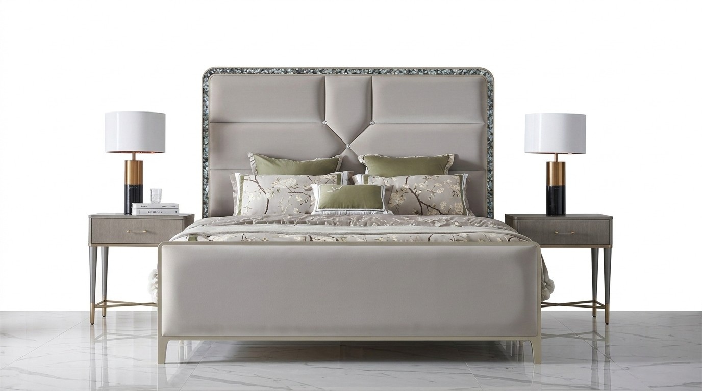 Luxury design bedroom set of massive leather double bed & 2x-bedside tables in modern style
