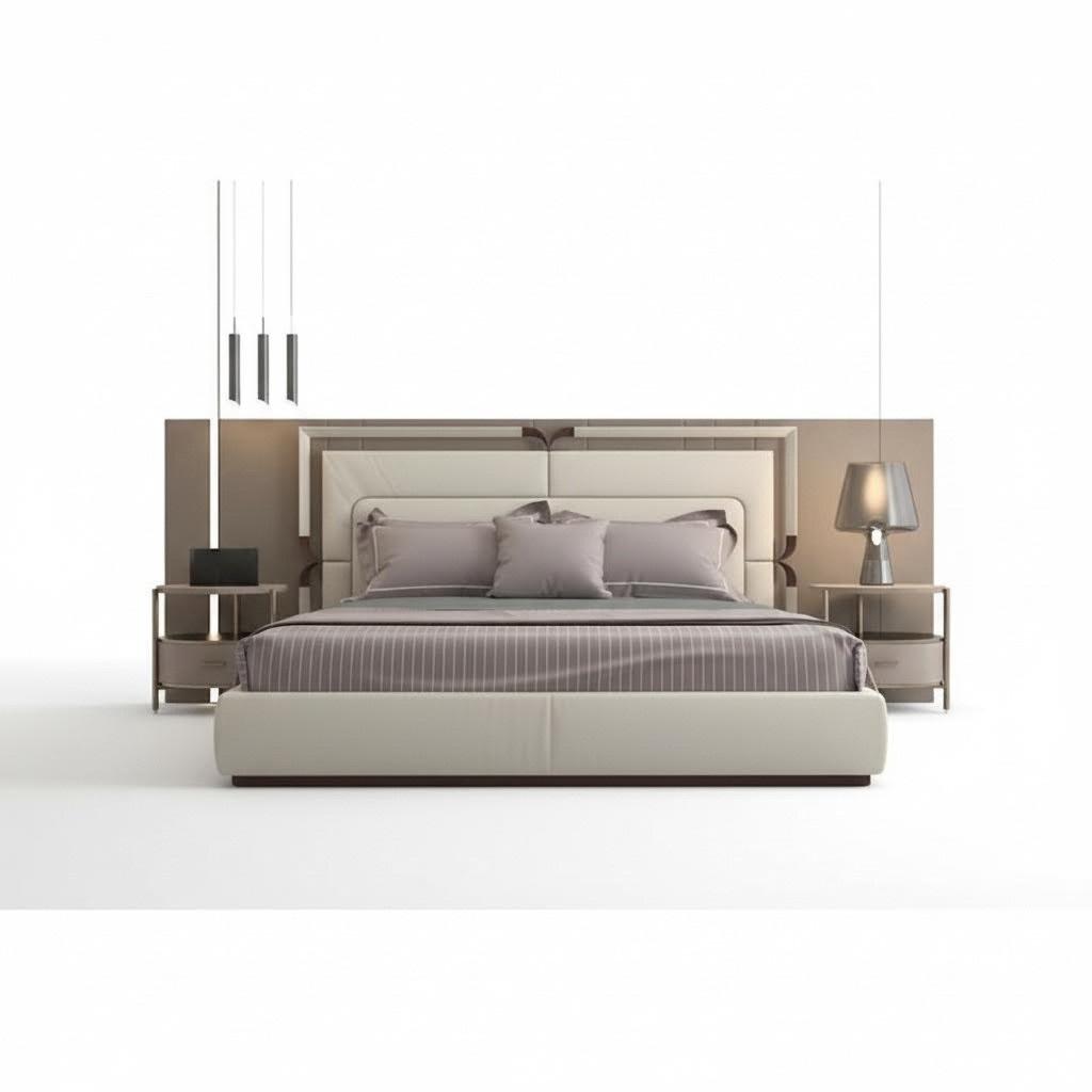 Luxury Bed Frame Modern Design Beige with Brown Accents Elegant Headboard