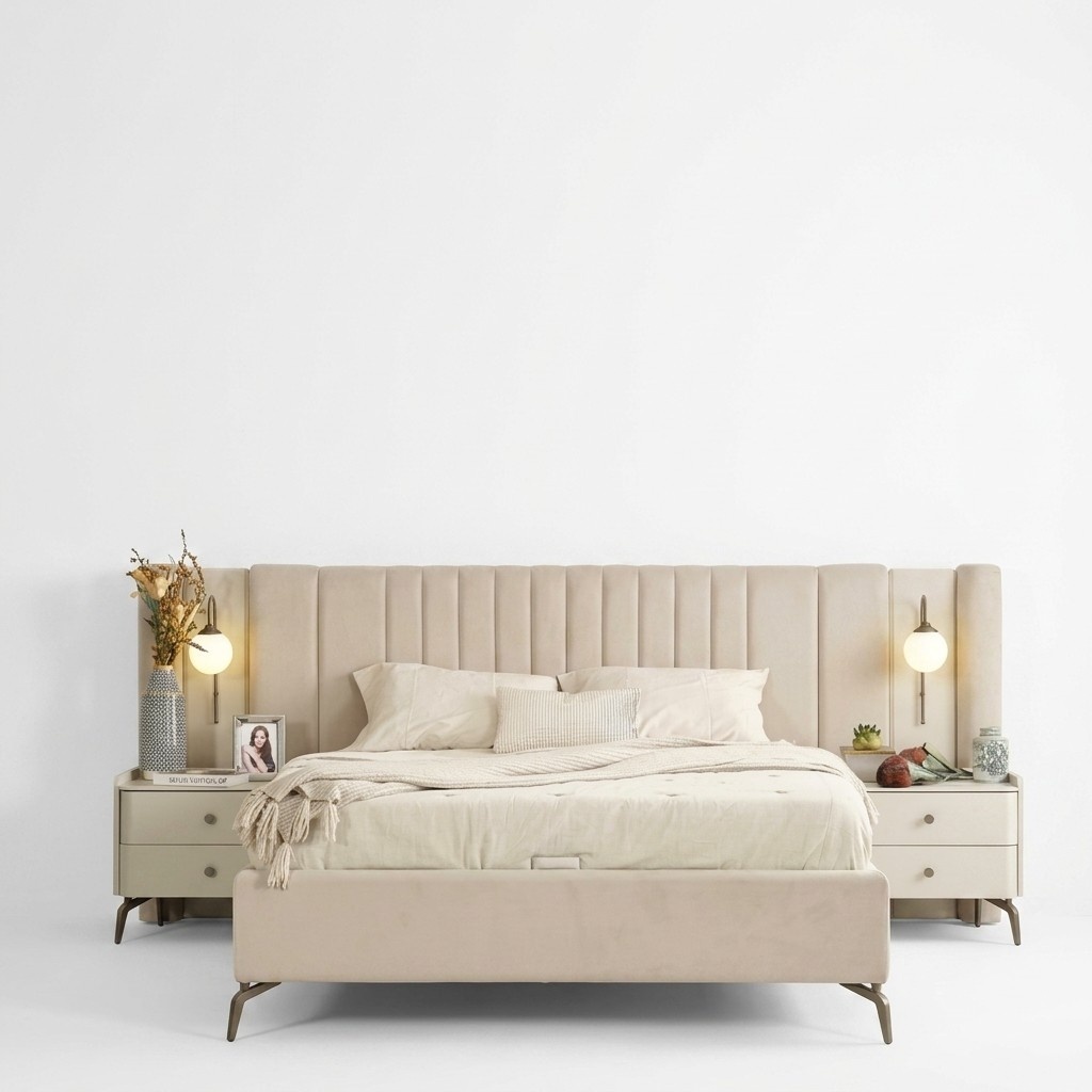 Luxury bedroom bed and 2x bedside tables 3-piece set Design furnishings