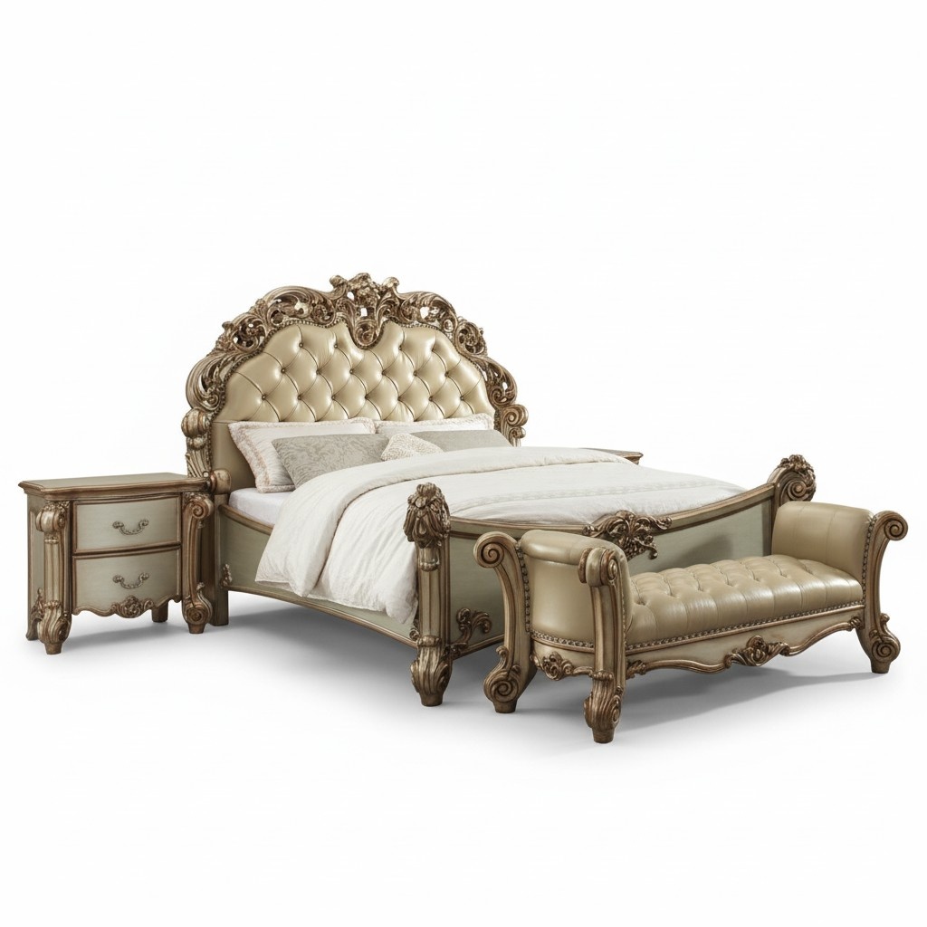 Luxury bedroom complete bed nightstands classic furniture Baroque