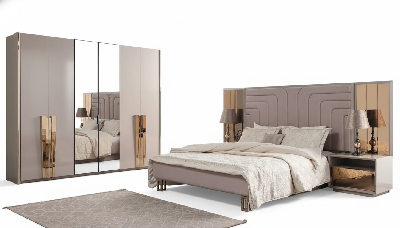 Luxury bedroom double bed set 4pcs beige wood bedside table