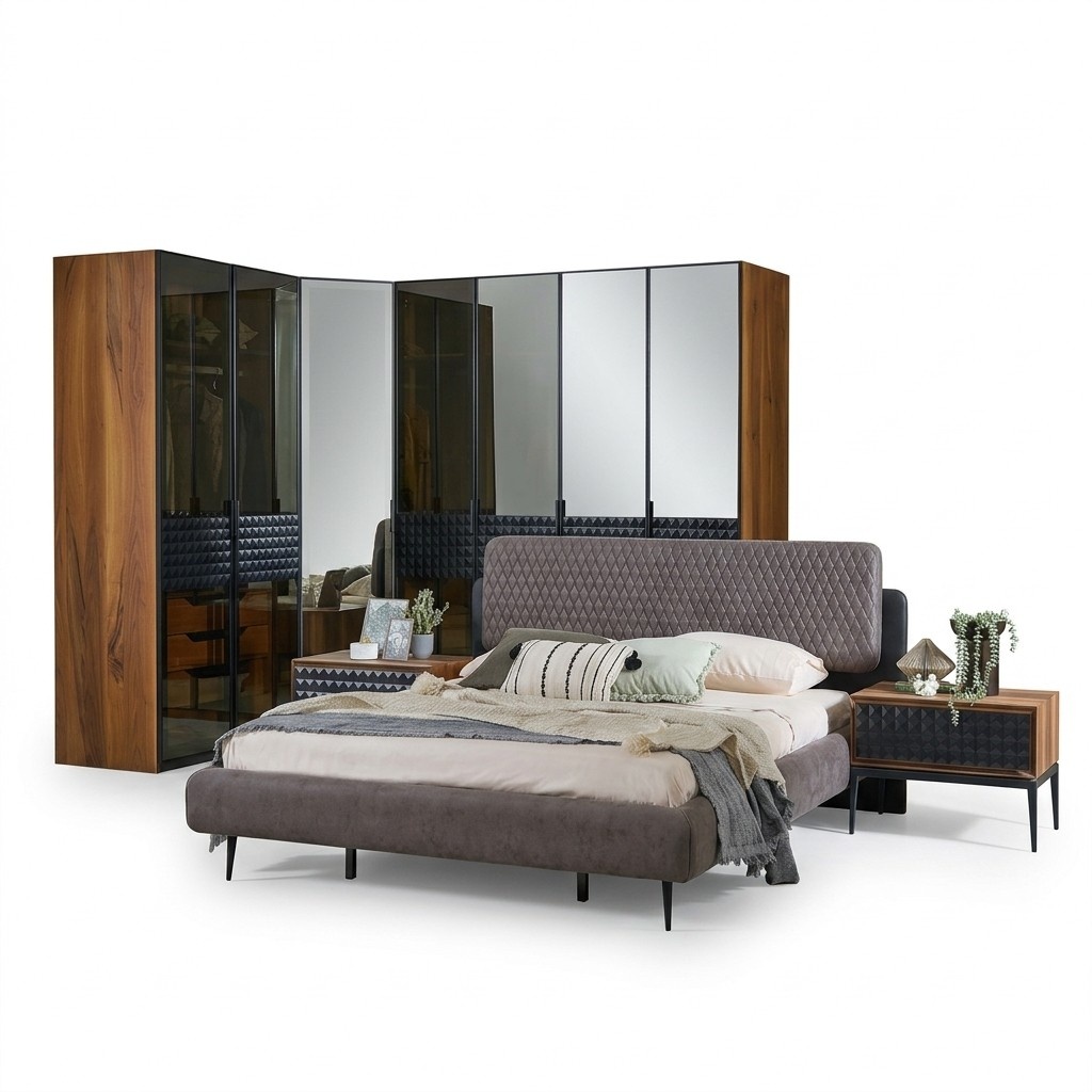 Luxury Bedroom Double Bed Brown Wood Bed Frame Set 4 Piece Design