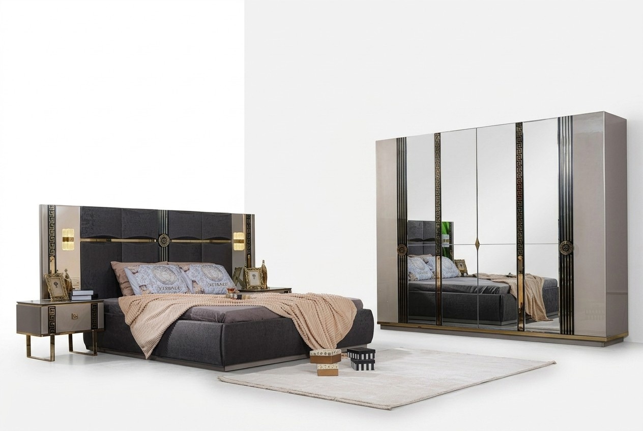 Luxury bedroom furniture double bed bedside tables gray 4-piece cupboard bed