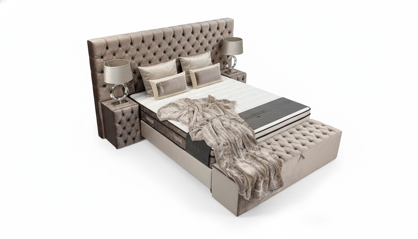 Luxury bedroom set 3-piece textile bed 2x bedside table modern new design beds