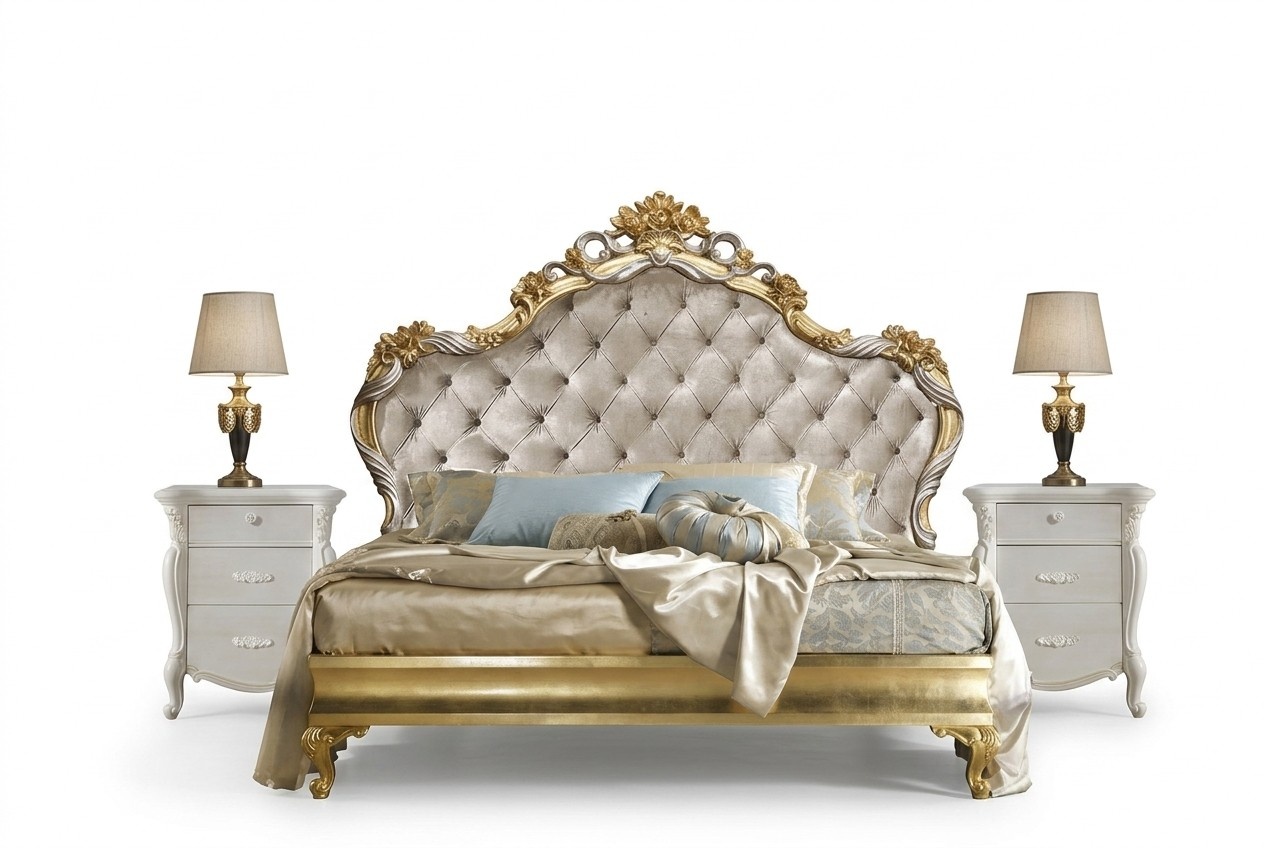 Luxury bedroom set 4 pieces. Bed + 2x bedside table + chaise longue design lounger