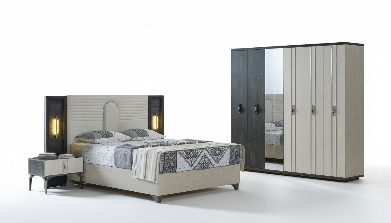 Luxury Bedroom Set 4 pcs Bed 2x Bedside Tables Wardrobe Beige