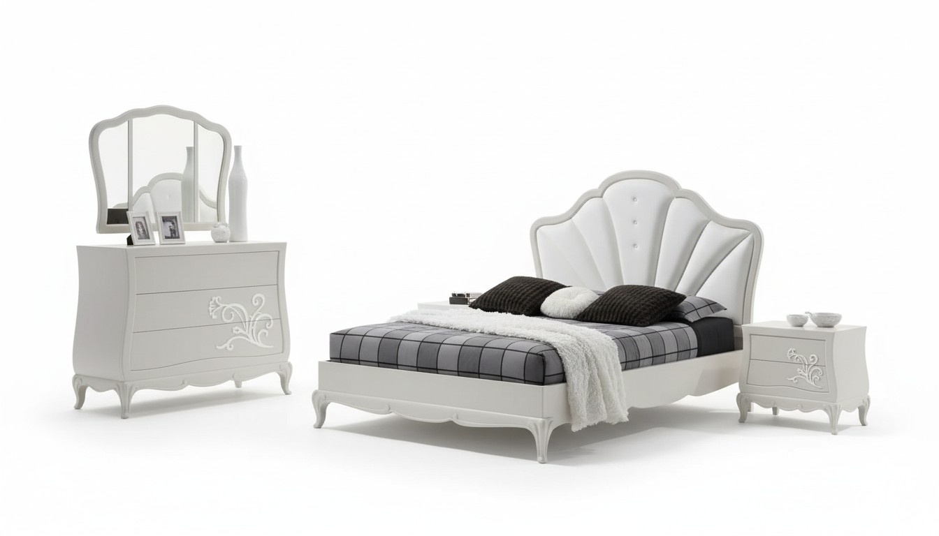 Luxury bedroom set 5-piece bed 2x bedside tables chest of drawers designer furniture