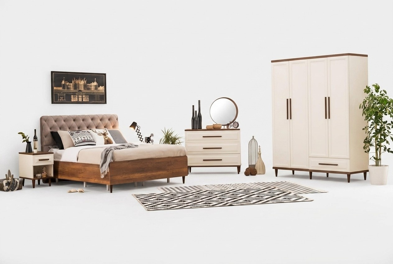 Luxury Bedroom Set 6-piece Design Wooden Furniture Bed 2x Nightstands Furnishing