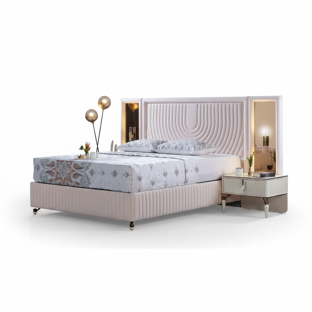 Luxury bedroom set bed + 2x bedside tables wood Complete Modern