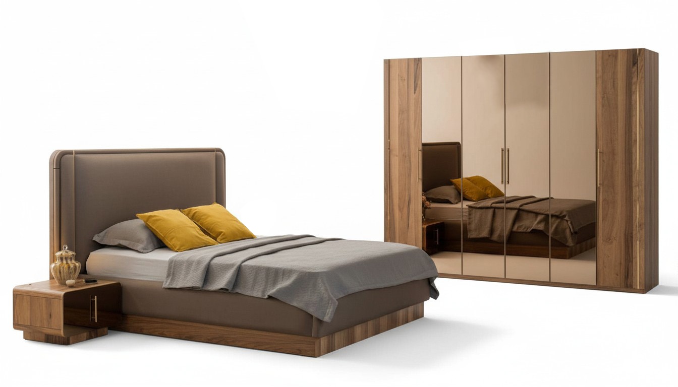 Luxury bedroom set bed + 2x bedside tables + wardrobe wood complete modern new