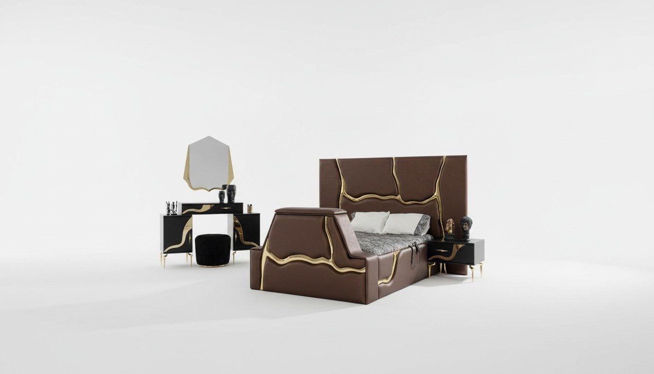 Luxury Bedroom Set Bed Nightstand Gold Dressing Table Bedside Tables 5pcs