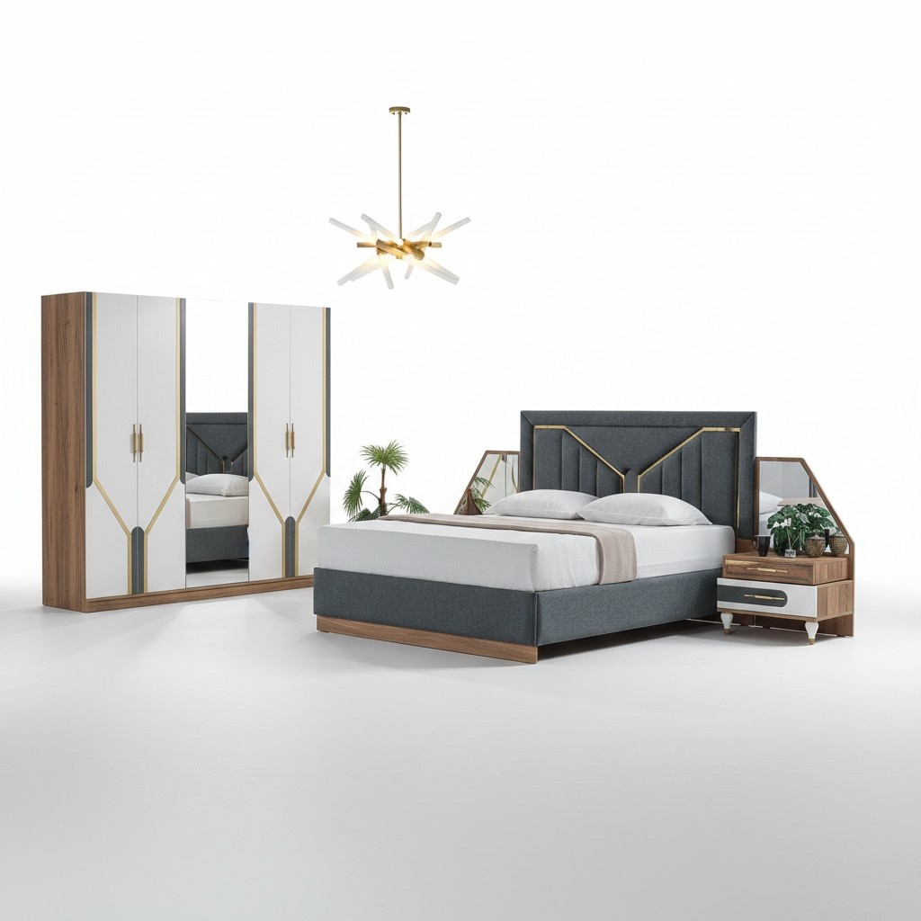 Luxury bedroom set bed + 2x bedside tables + wardrobe wood complete