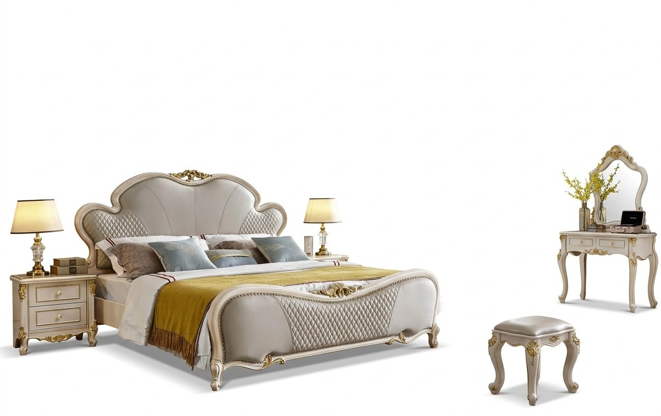 Luxury Dressing Table Bed 2x Bedside Table Furniture Bedroom Set 5pcs. Real Wood