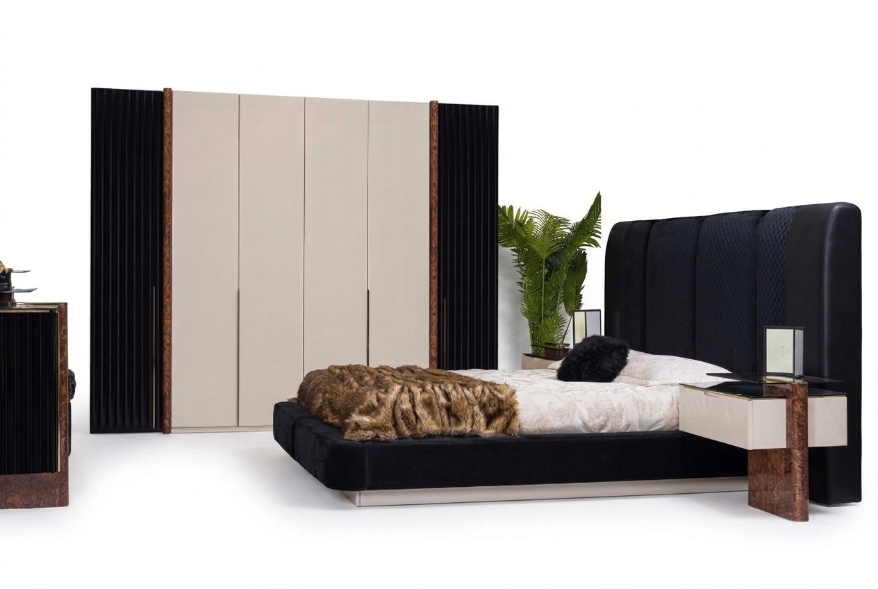 Luxury bedroom set bed 2x bedside tables + wardrobe wood complete new