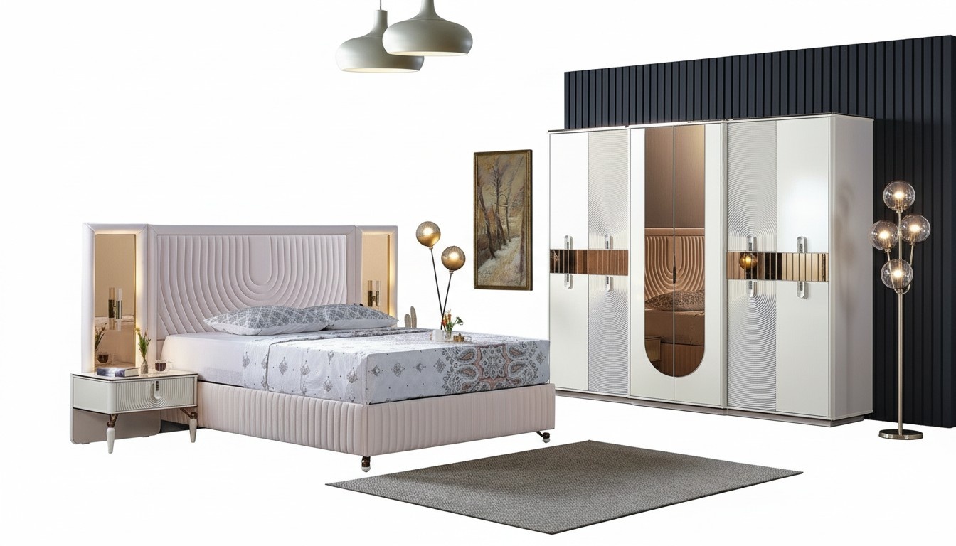 Luxury Bedroom Set Bed 2x Bedside Tables Cabinet Complete Modern
