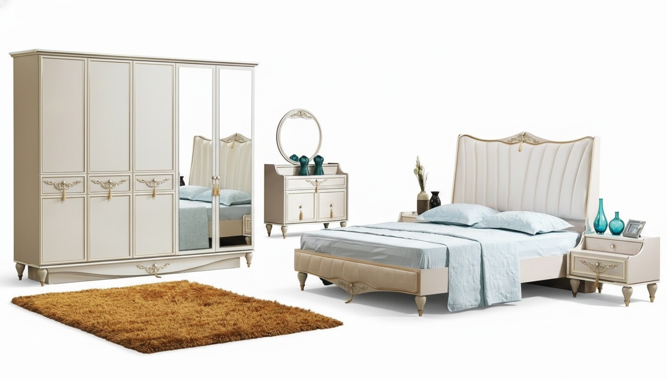 Luxury Bedroom Set Bed + 2x Bedside Tables+Dresser+Commode Complete