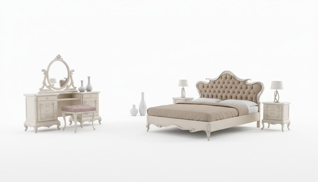 Luxury Bedroom Set Bed Bedside tables Stools Dressing table Mirror Complete