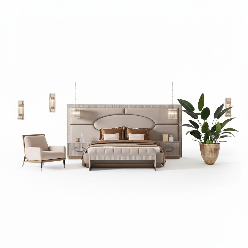 Luxury bedroom set double bed bedside tables set 5-piece beige seat