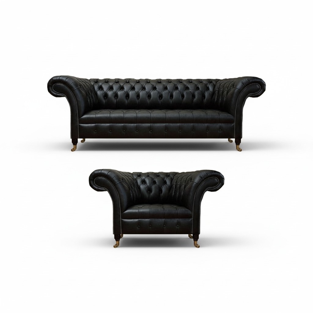 Luxury Black Complete Sofa Couch Three Seater Leather Sofa Set Armchair
