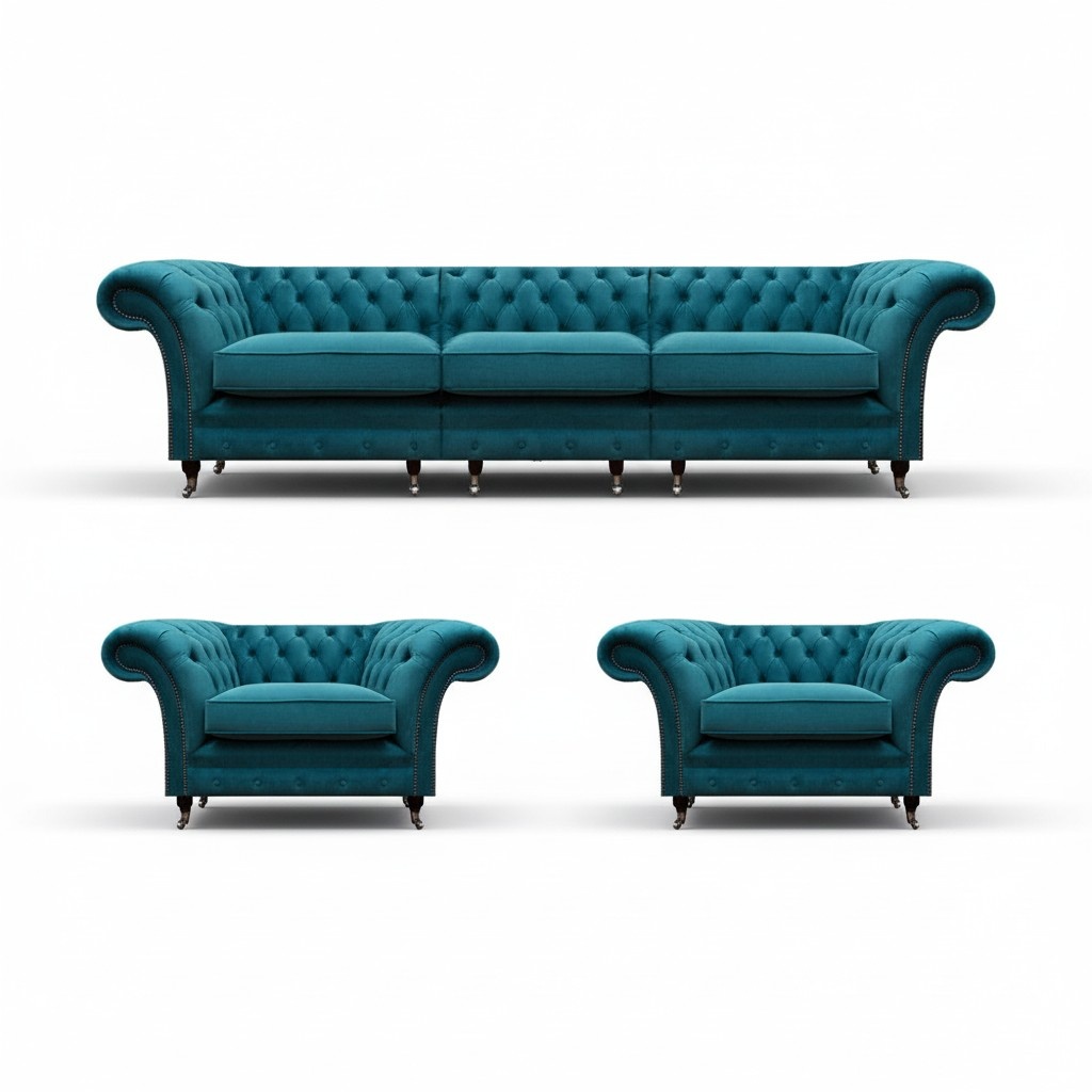 Luxury Blue Designer Complete Textile Chesterfield Living Room Upholstered Furniture
