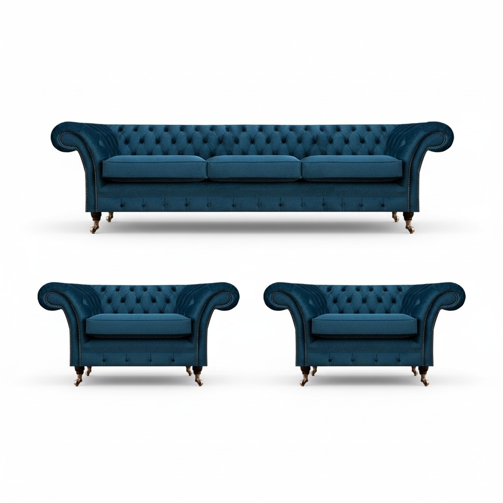 Luxury Blue Living Room Set Chesterfield Furnishings Upholstered Furniture Sofas Textile