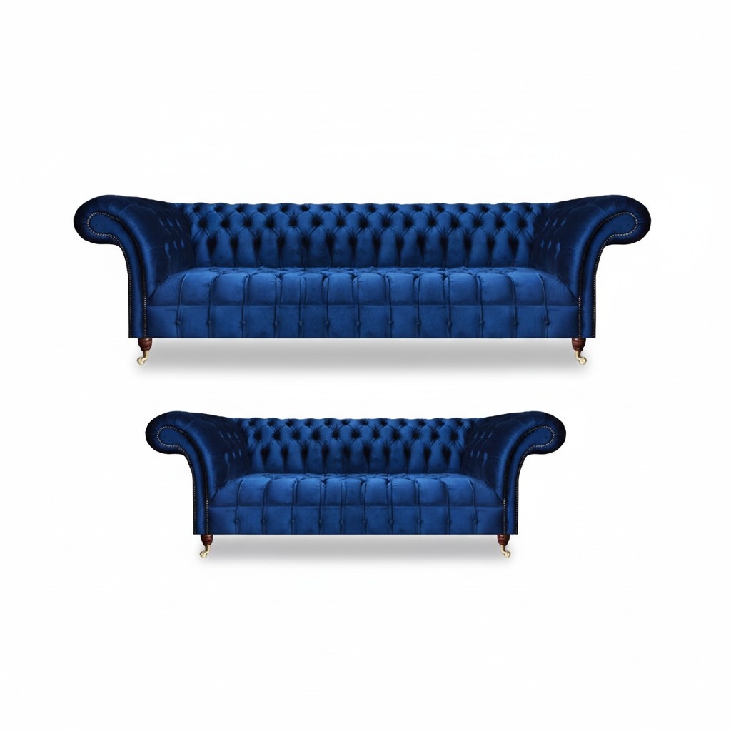 Luxury Blue Sofa Set 2 Pieces Complete Furniture Chesterfield Living Room New