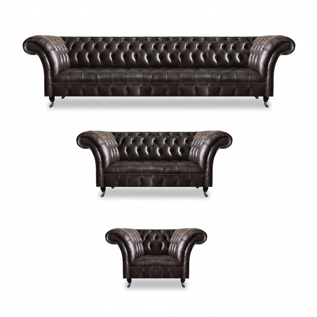 Luxury Brown Chesterfield Furniture Leather Suite Four-Seater Armchair 2-Seater