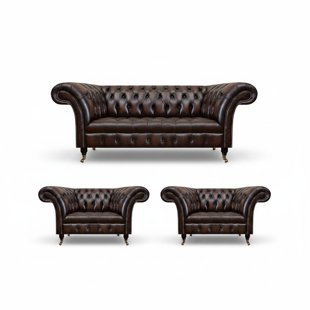Luxury Brown Leather Sofa Set Living Room 2x Armchairs Three Seater Couch Chesterfield