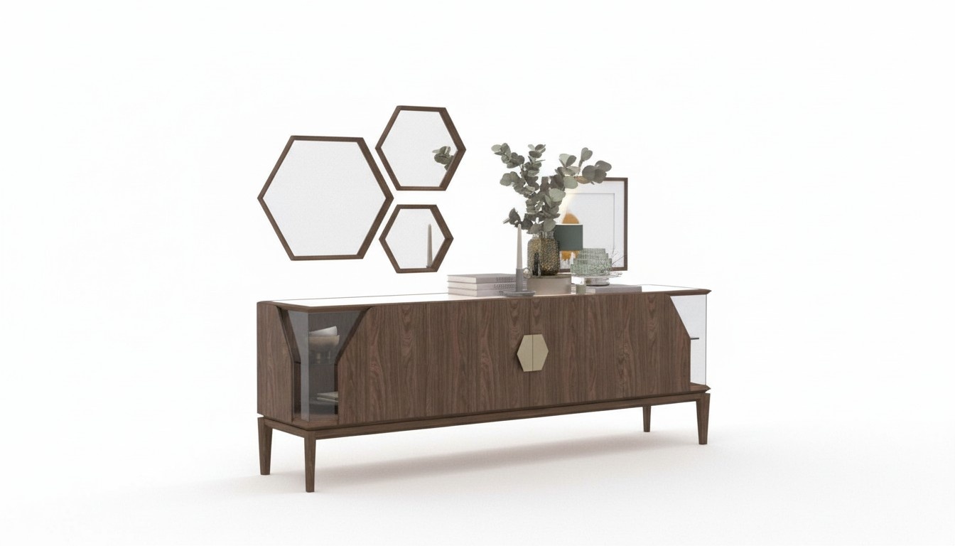 Luxury brown sideboard with glass elements storage space dining room furniture wood