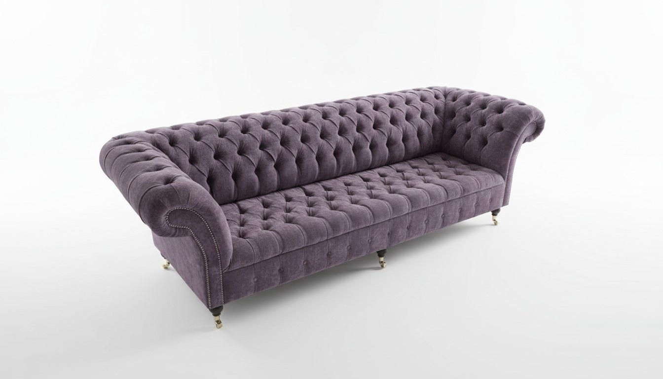 Luxurious 4-Seater Chesterfield Sofa XXL Purple Textile Upholstered Couch With Wheels New